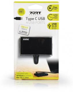 Port Designs USB Type-C to 4 x USB3.0 Port Hub – Black Photo